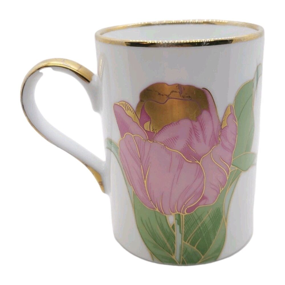 1982 Fitz Floyd Cloisonne Coffee Tea Mug Tulipe White Pink Porcelain #144 Japan